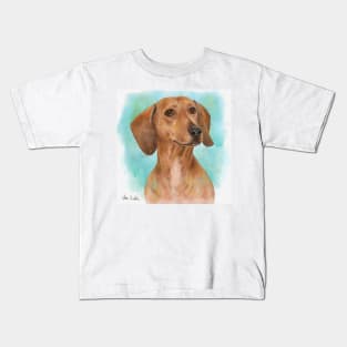 Portrait of a Dachshund in Watercolor with Turquoise Background Kids T-Shirt